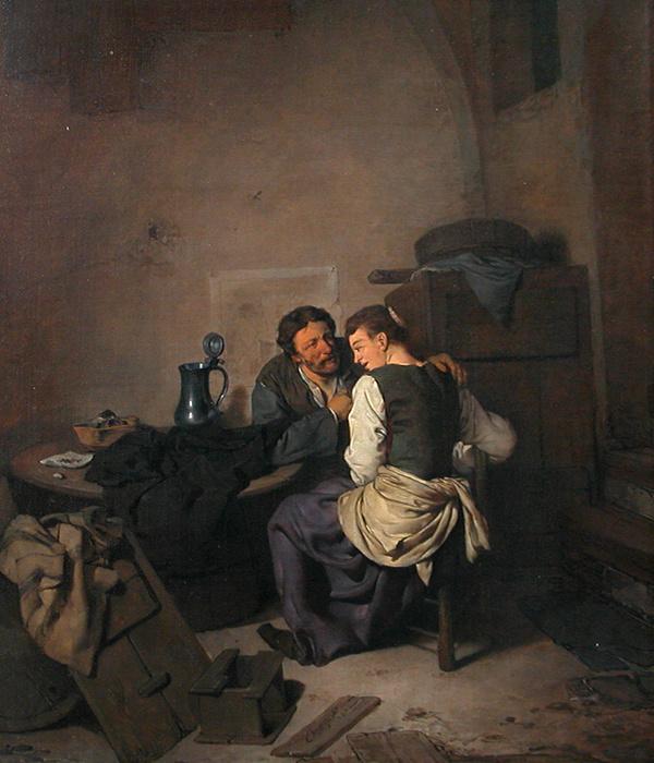 Amorous Scene In A Rustic Interior by Cornelis Bega